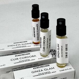 Keiko Mecheri Eau de Parfum samples, Endless Summer, Cuir Cordoba, Ginza Glam